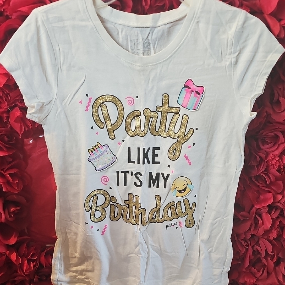 Justice Girls White Birthday T-Shirt Size 10